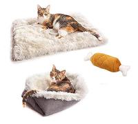 Plush Cat Cushion Bed - Super Soft Fluffy Pet Bed for Kitten Puppy 61x51CM Washable & Foldable, Improved Sleep - with 1 Pet Plush Chicken Leg Sounding Toy