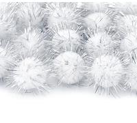 Plush Lot de 100 pompons blancs à rayures argentées 15 mm pour couture, travaux manuels, passementerie, boules en peluche