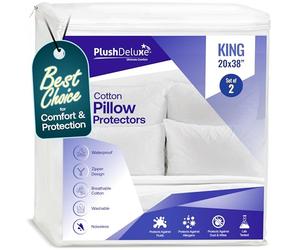 PlushDeluxe King Pillow Protector Covers - Imperméable, Allergie, Poussière - Taie d'oreiller Zipper Cover Allergen Case Pack for Sleep Pillows - Soft Cotton Terry - 2