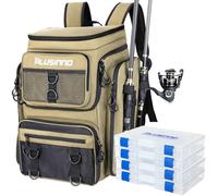 PLUSINNO Sac à dos de pêche avec supports de canne à pêche et boîte de pêche, 42 l, sac étanche pour ranger les outils de pêche, kaki (4 boîtes de pêche incluses dans la livraison), Medio-Grande
