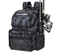 PLUSINNO Sac à dos de pêche avec supports de canne et glacière, grand sac de pêche résistant à l'eau, sac à dos de pêche pour le camping, cadeaux de pêche pour homme, père, camouflage noir, camouflage