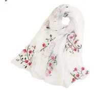 Pluto & Fox Écharpe pour femme, brodée de fleurs, foulard en soie, design rétro, élégant, étole, blanc, 75cm*175cm