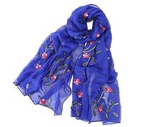 Pluto & Fox Foulard Femme Brodé de Fleurs Foulard en Soie Elégant Design Rétro Foulard Etole de Cou (Bleu)