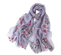 Pluto & Fox Foulard Femme Brodé de Fleurs Foulard en Soie Elégant Design Rétro Foulard Etole de Cou (Gris)