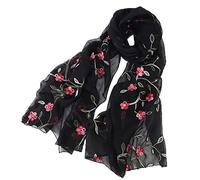 Pluto & Fox Foulard Femme Brodé de Fleurs Foulard en Soie Elégant Design Rétro Foulard Etole de Cou (Noir)