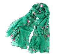 Pluto & Fox Foulard Femme Brodé de Fleurs Foulard en Soie Elégant Design Rétro Foulard Etole de Cou (Vert 1)