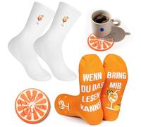 Pluvyze Aperol Lot de 2 paires de chaussettes Aperol Spritz pour anniversaire, Noël, Nouvel An, carnaval, cadeau avec paille et soucoupe en silicone (style aléatoire)