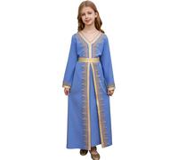 PLWEDDING Abaya musulmane pour fille, manches évasées, fermeture éclair, robe maxi, prière islamique, col en V, brodé, pleine longueur, Ramadan, Aïd, robe avec prière, Bleu français, 6 ans