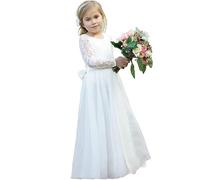 PLWEDDING Fancy Robes de demoiselle d'honneur en dentelle pour mariage fille Robes de première communion A-Line, Blanc., 10-11 ans