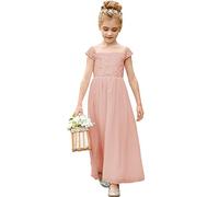 PLWEDDING Robe de demoiselle d'honneur en mousseline de soie pour première communion, anniversaire, mariage, fête, Rose, 6-7 ans