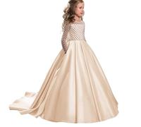 PLWEDDING Robe de demoiselle d'honneur magnifique avec longue traîne en satin pour enfants, robe de bal pour Noël, anniversaire, fête, champagne, 2-3 ans