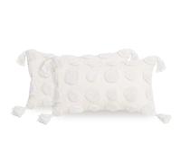 PLWORLD Lot de 2 housses de coussin lombaire de style bohème avec pompons en tissu chenille touffeté, pour lit et canapé, 30,5 x 50,8 cm, blanc crème