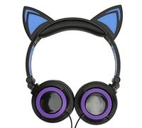 Plyisty Oreille de Chat LED Lumimineux Casque, Filaire Réduction du Bruit Casque Pliable, USB Rechargeable Mignon Dessin Animé Écoteur pour Tablettes Ornineurs Téléphones Cellulaires