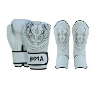PMA Twin Tigers Ensemble de gants de boxe et protège-tibias pour muay thaï Blanc 414 ml