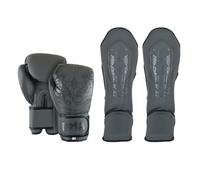 PMA Twin Tigers Ensemble gants de boxe et protège-tibias pour muay thaï (kickboxing) Gris Taille gants 283,5 g