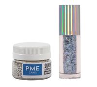 PME Set de Paillettes Alimentaires Irisées & Perles en Sucre pour Décoration de Gâteaux | Idéal à Associer avec des Nonpareilles pour Gâteaux et Pâtisseries | Silver Magic Sparkles & Perles en Sucre
