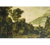 PMEFGJDPE Célèbre Affiche Artistique Images Peintures un paysage fluvial montagneux avec une scène de la vie de Guillaume Tell par Paul Bril Art Mural Moderne Pour la Décoration Murale 60x90cm