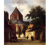 PMEFGJDPE Mural sur Toile Posters Décoration Personnages dans les rues d'une vlles hollandaise une église en arrière plan par Johannes Bosboom Pour la Décoration de la Chambre à Coucher 60x90cm