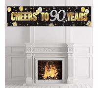 PMELCXD Bannière d'anniversaire pour 90e anniversaire, décorations « Happy 90th Birthday » avec inscription « Cheers to 90 Years », noir et doré à paillettes pour 90 ans