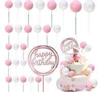 PMELCXD Décoration de Gâteau en Boule de Mousse Blanc Rosé, 27 Pièces Décorations de Gâteau, Décoration de Gâteau Joyeux Anniversaire, Boules de Perles de Cupcake, pour Fête d'Anniversaire Baby Shower
