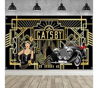 PMELCXD Décorations de fête sur le thème de Gatsby des années folles, extra large bannière noire et dorée pour photographie de mariage, décoration vintage, danse, jazz, 183 x 119 cm