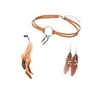 PMELCXD Plume cheveux Boho bijou fantaisie femme - Set 4 pièces avec barrettes à plumes, collier ras du cou en cuir, boucles d’oreilles longues - Marron - Taille réglable