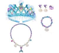 PMELCXD Sirène Collier Boucles D'oreilles,Accessoires de bijoux de sirène - 7 pièces - couronne, collier, bracelet, bague, boucles d'oreilles et sac à main - thème princesse - couleur argent