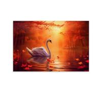 PMLBAOUS Impression sur toile de cygnes colorés, paysage de lac, coucher de soleil d'automne sur toile - Décoration murale esthétique pour maison, bureau, 50 x 75 cm