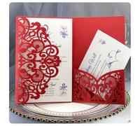 Pmnzdy Lot de 200 cartes d'invitation de mariage découpées au laser Flora en dentelle rétro triple pliage avec enveloppes Rouge