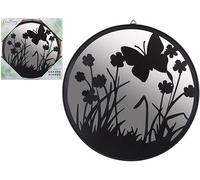 PMS Sanctuary Miroir de jardin en forme de papillon - 30 cm rond avec silhouette florale - Fonction décorative résistante aux intempéries pour jardin, terrasse ou clôture