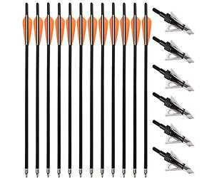 PMSM 12 pièces Flèches d'arbalète en Carbone 20 Pouces Boulons d'arbalète et 6pcs Pointes de Flèche de Chasse,Arbalète Flèches de Carbone pour Pratique de la Chasse et du Tir à l'arc (Orange et Noir)