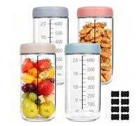Pmueuff 4 Pièces Overnight Oats Jar, 750 Ml Recipient en Verre Avec Couvercle, Contenants pour Flocons D'Avoine, Graduations et éTiquettes, pour Flocons D'Avoine, Salades, Yaourts