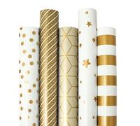 Pmueuff 5 Papier Cadeau Rouleau, Papier Cadeau 43cm x 3M Rouleaux de Papier d'Emballage Doré Rouleaux de Papiar Cadeau pour Anniversaires, Noël, Mariages, Fêtes, Décorations de Cadeaux de Festival