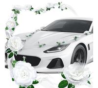 Pmueuff Deco Voiture Mariage, Fleurs Artificielles Blanches Romantiques Décoration Voiture Mariage, Décoration Florale de Voiture, Kit Decoration Voiture Mariages avec 9 Roses, 2 Gaze Blanche
