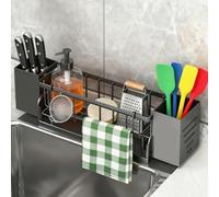 Pmueuff Organisateur Evier Cuisine avec Bac de Vidange et Boîte de Rangement, Porte éponge de Cuisine Amovible en Métal avec Porte-essuie, Rangement Evier pour Cuisin et Salle de Bain Sans Perçage