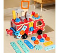 Pmueuff Outils Enfant Jouet, 33 Pièces Boite a Outils en Bois Jeux Montessori Jeu d'Imitation Bricolage Éducatif Etabli Camion de Pompier en Bois Cadeau pour Garcon Fille 2 3 4 5 Ans