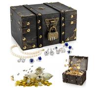 Pmueuff Vintage Coffre Tresor, 18 x 11 x 10cm Petit Coffres Pirate, Boite en Bois Avec Cadenas, Coffre Tresor Enfant, Coffret à Trésors d'anniversaire pour enfants
