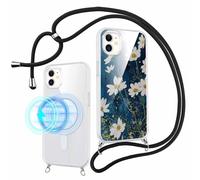 Pnakqil Coque Magnétique pour iPhone 11 6,1" Compatible avec MagSafe avec Cordon, Transparent Étui avec Marguerite Fleurs Motif Design Collier Chaîne Housse, Silicone Antichoc Protection Case