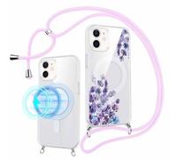 Pnakqil Coque Magnétique pour iPhone 12/12 Pro 6,1" Compatible avec MagSafe avec Cordon, Transparent Étui avec Lavande Motif Aesthetic Design Collier Chaîne Housse, Silicone Antichoc Protection Case