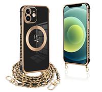 Pnakqil Coque Magnétique pour iPhone 12 Con Cordon, Compatible avec MagSafe, Silicone Housse avec Motif Coeur d'amour Collier Lanyard, Antichoc Etui pour iPhone 12 6.1 Pouces, Chaine-Noir Or