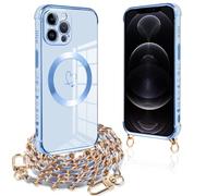 Pnakqil Coque Magnétique pour iPhone 12 Pro Max Con Cordon, Compatible avec MagSafe, Silicone Housse avec Motif Coeur d'amour Collier Lanyard, Antichoc Etui pour iPhone 12 Pro Max 6.7", Chaine-Bleu Or