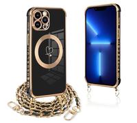 Pnakqil Coque Magnétique pour iPhone 13 Pro Max Con Cordon, Compatible avec MagSafe, Silicone Housse avec Motif Coeur d'amour Collier Lanyard, Antichoc Etui pour iPhone 13Pro Max 6.7", Chaine-Noir Or