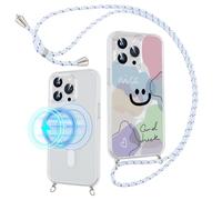 Pnakqil Coque Magnétique pour iPhone 14/13 6,1" Compatible avec MagSafe avec Cordon, Transparent Étui avec Souriant Motif Aesthetic Design Collier Chaîne Housse, Silicone Antichoc Protection Case