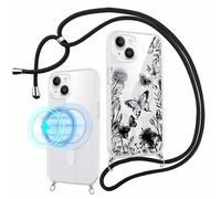 Pnakqil Coque Magnétique pour iPhone 14/13 6,1" Compatible avec MagSafe avec Cordon, Transparent Étui avec Fleur Papillon Motif Design Collier Chaîne Housse, Silicone Antichoc Protection Case