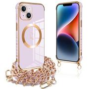 Pnakqil Coque Magnétique pour iPhone 14 Con Cordon, Compatible avec MagSafe, Silicone Housse avec Motif Coeur d'amour Collier Lanyard, Antichoc Etui pour iPhone 14 6.1 Pouces, Chaine-Violet Or