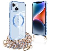 Pnakqil Coque Magnétique pour iPhone 14 Con Cordon, Compatible avec MagSafe, Silicone Housse avec Motif Coeur d'amour Collier Lanyard, Antichoc Etui pour iPhone 14 6.1 Pouces, Chaine-Bleu Or
