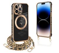Pnakqil Coque Magnétique pour iPhone 14 Pro Con Cordon, Compatible avec MagSafe, Silicone Housse avec Motif Coeur d'amour Collier Lanyard, Antichoc Etui pour iPhone 14Pro 6.1 Pouces, Chaine-Noir Or