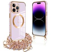 Pnakqil Coque Magnétique pour iPhone 14 Pro Max Con Cordon, Compatible avec MagSafe, Silicone Housse avec Motif Coeur d'amour Collier Lanyard, Antichoc Etui pour iPhone 14Pro Max, Chaine-Violet Or