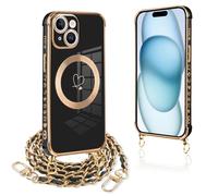 Pnakqil Coque Magnétique pour iPhone 15 Plus Con Cordon, Compatible avec MagSafe, Silicone Housse avec Motif Coeur d'amour Collier Lanyard, Antichoc Etui pour iPhone 15Plus, Chaine-Noir Or