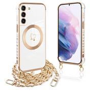 Pnakqil Coque Magnétique pour Samsung Galaxy S21 Plus 5G Con Cordon, Compatible avec MagSafe, Silicone Housse avec Motif Coeur d'amour Collier Lanyard, pour Samsung S21+ 6.7", Chaine-Blanc Or